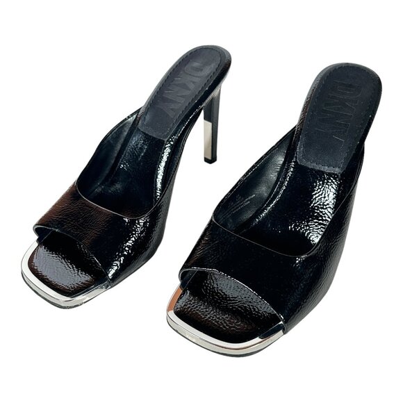 DKNY Anya Peep Toe Open Toe Black Heel Size 11 Patent Leather - Picture 1 of 7